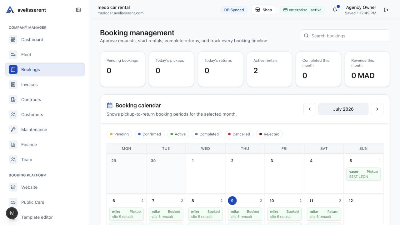 Live dashboard booking management page with reservation records