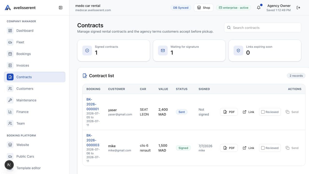 Live dashboard contracts page for rental agreements and signing settings