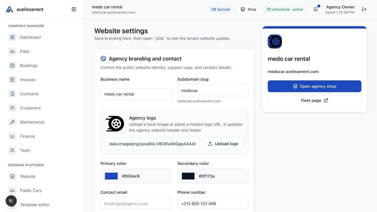 Live dashboard settings page for configuring agency branding and website details