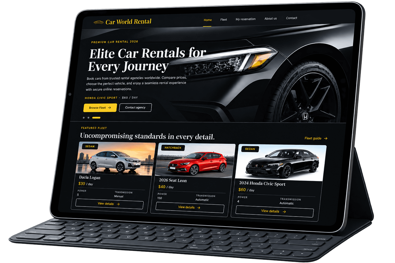 Car World Rental booking website displayed on a tablet