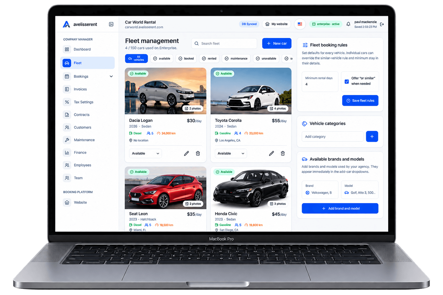 AvelisseRent fleet management dashboard displayed on a laptop